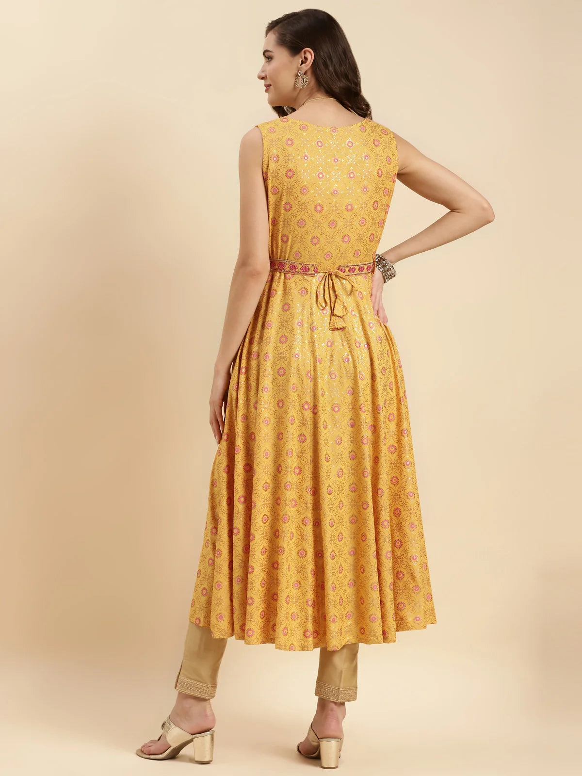 Buy Rayon Printed Calf Length Flared Kurta-Mustard