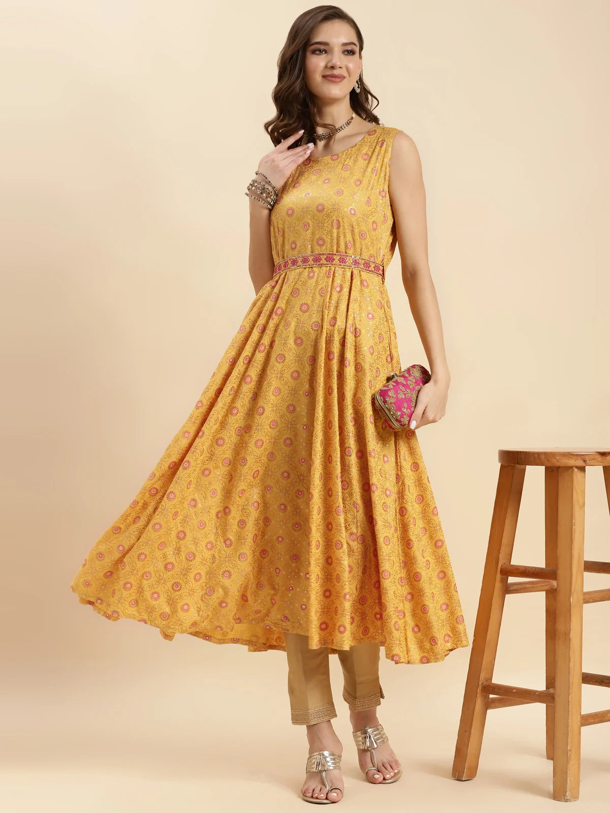 Buy Rayon Printed Calf Length Flared Kurta-Mustard