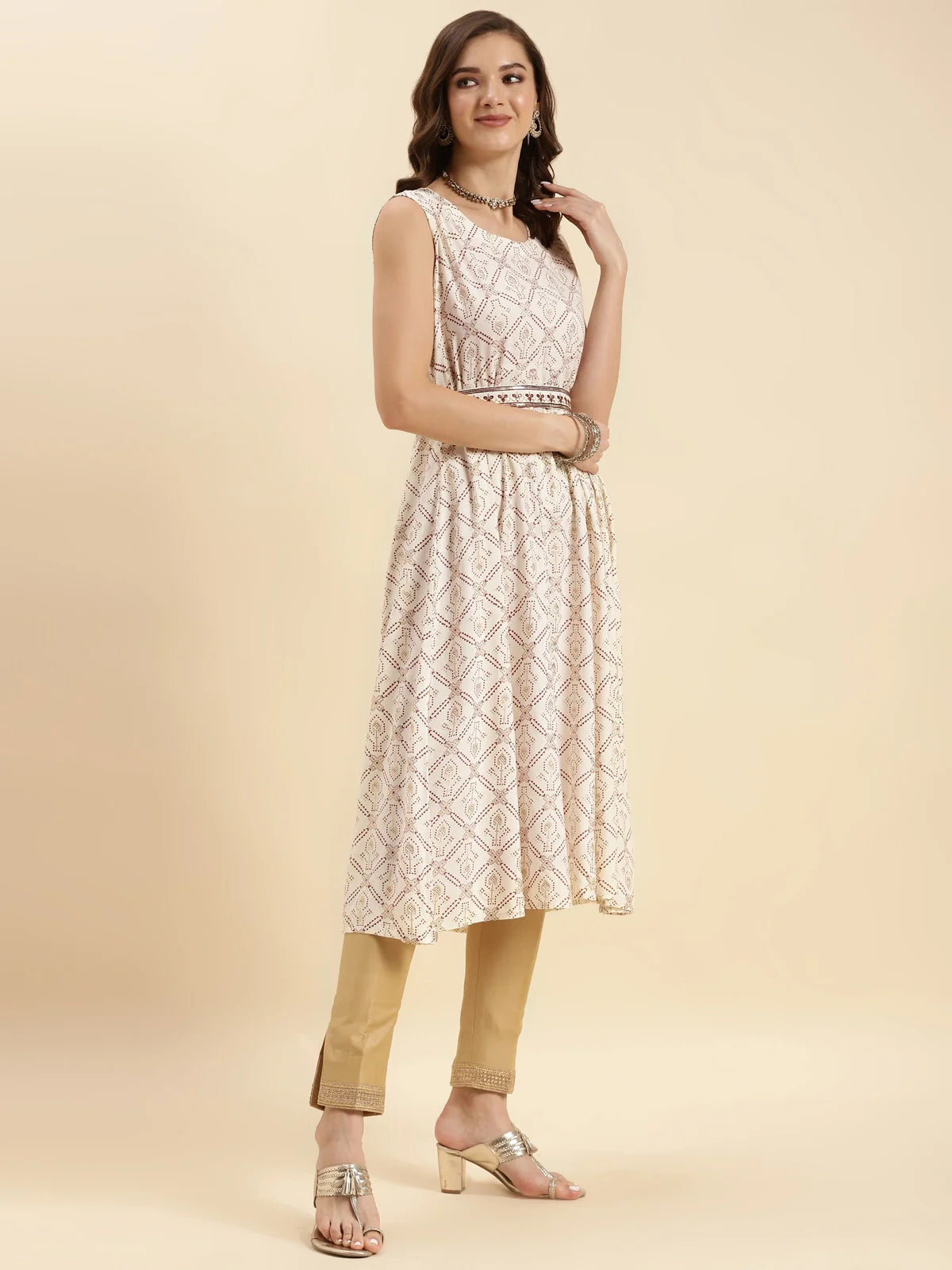 Buy Rayon Printed Calf Length Flared Kurta-Off White