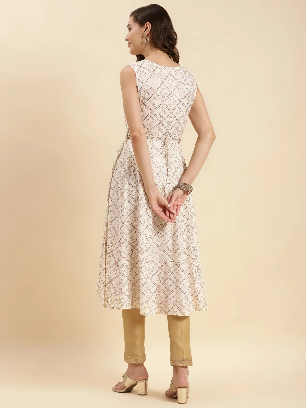 Buy Rayon Printed Calf Length Flared Kurta-Off White