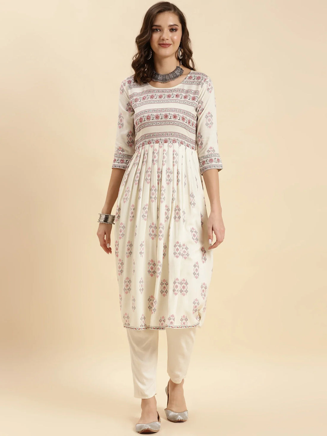 Buy Rayon Printed Calf Length Flared Kurta-Off White