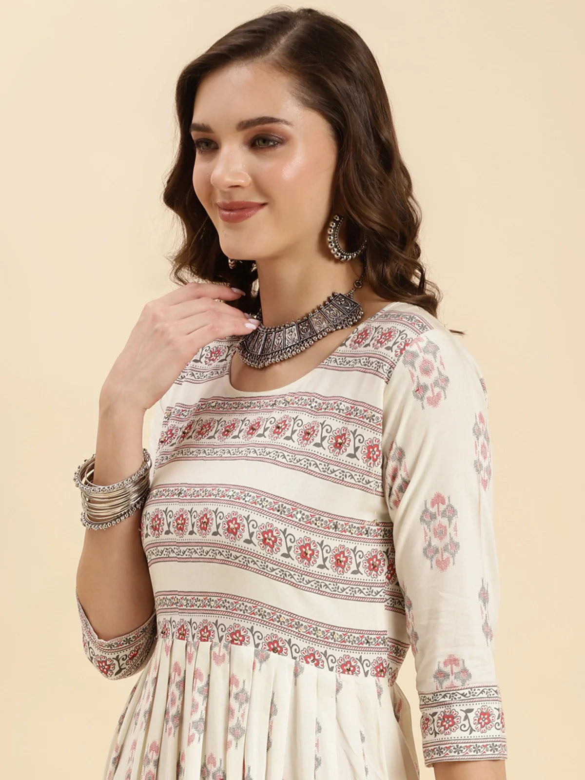 Buy Rayon Printed Calf Length Flared Kurta-Off White