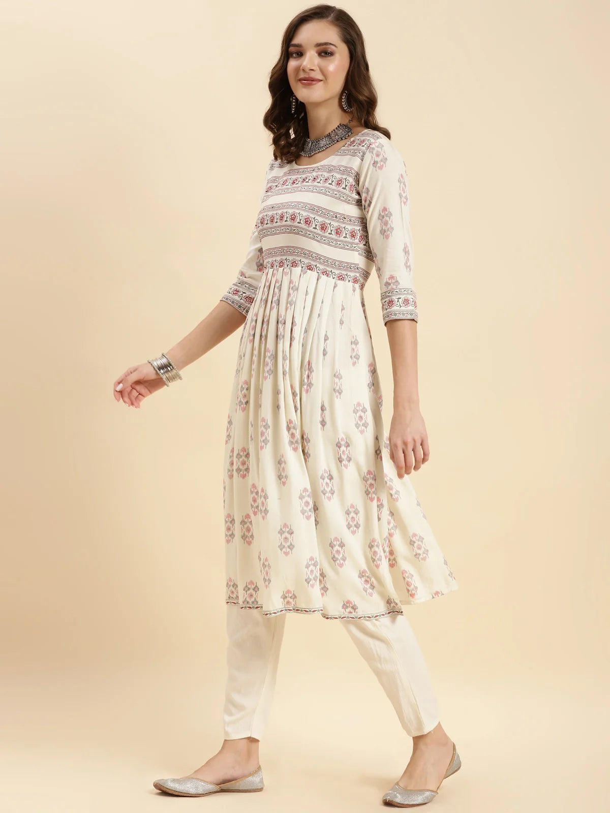 Buy Rayon Printed Calf Length Flared Kurta-Off White