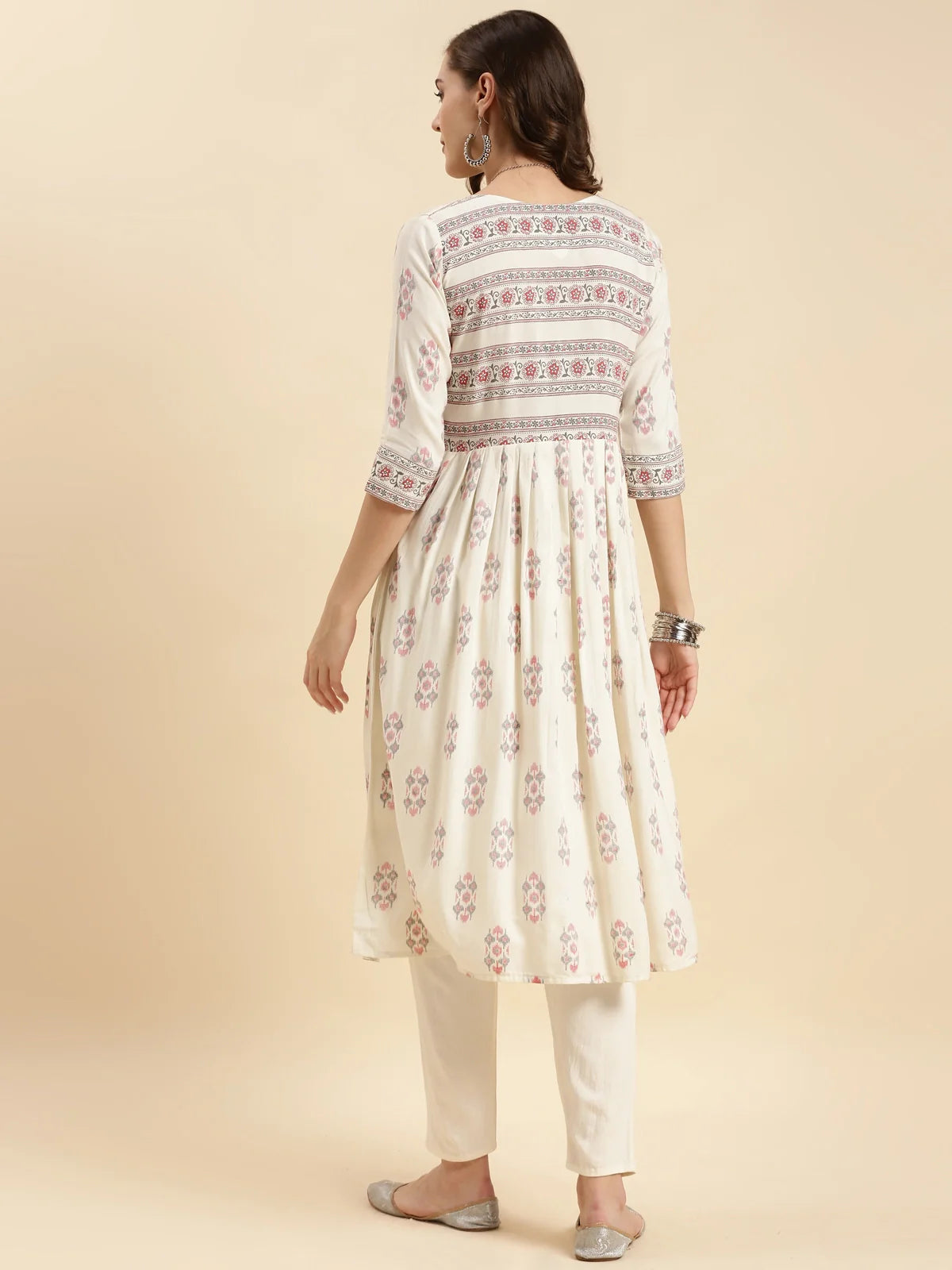 Buy Rayon Printed Calf Length Flared Kurta-Off White