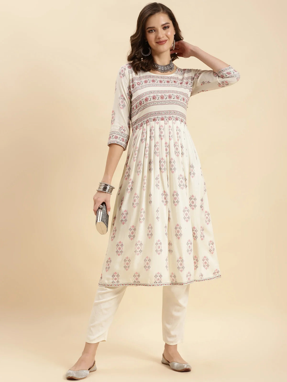 Buy Rayon Printed Calf Length Flared Kurta-Off White