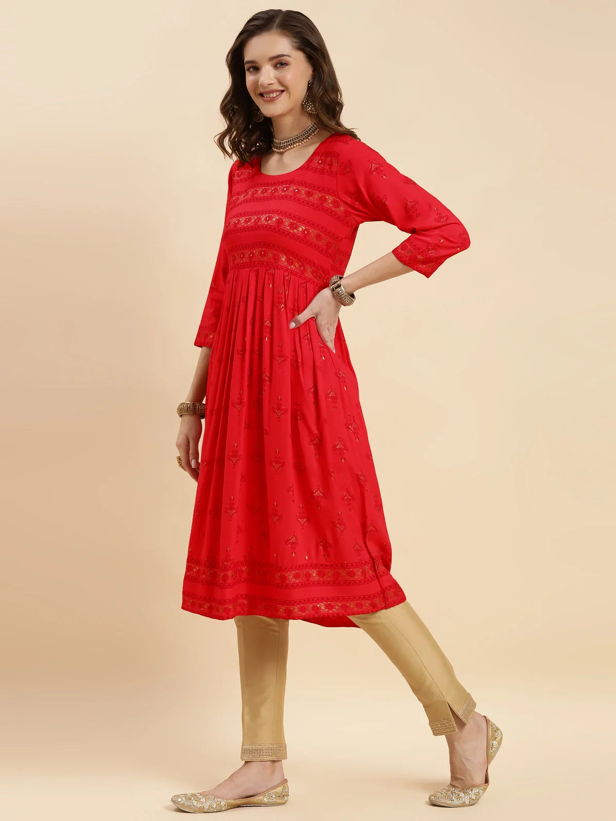 Buy Rayon Printed Calf Length Flared Kurta-Pink