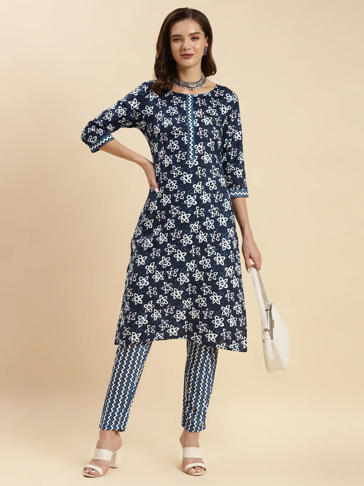 Buy Cotton Calf Length Floral Printed Straight Kurta With Pant-Navy Blue