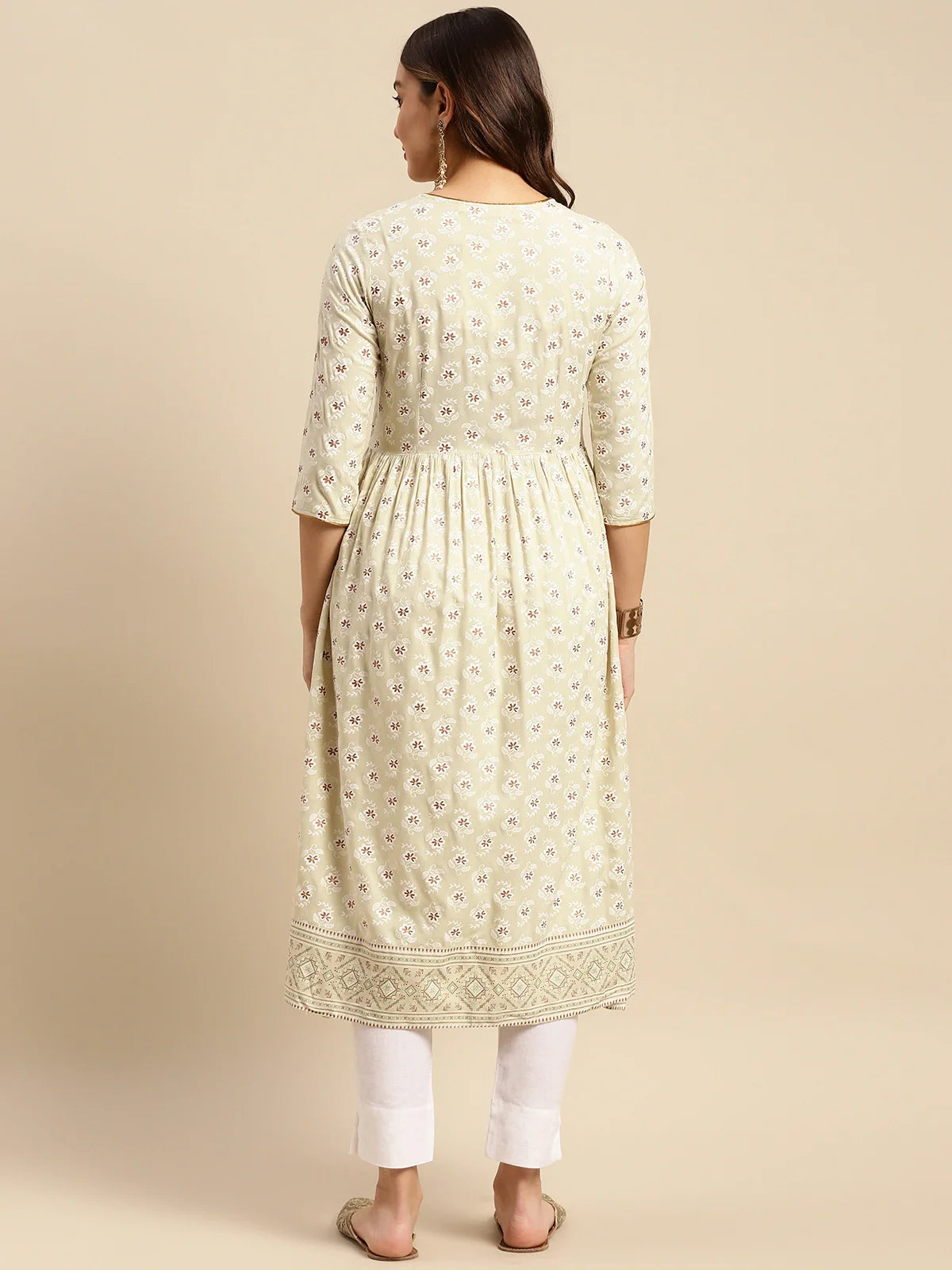 Buy Rayon Printed Calf Length Kurta Gathered At Waist-Green