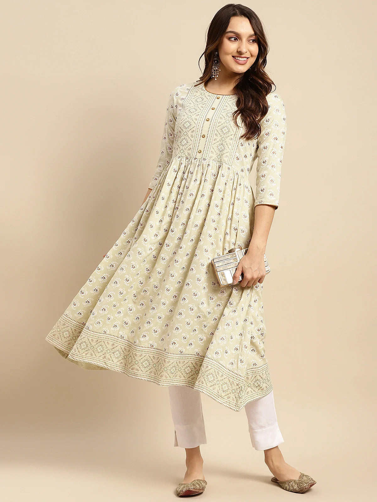 Buy Rayon Printed Calf Length Kurta Gathered At Waist-Green