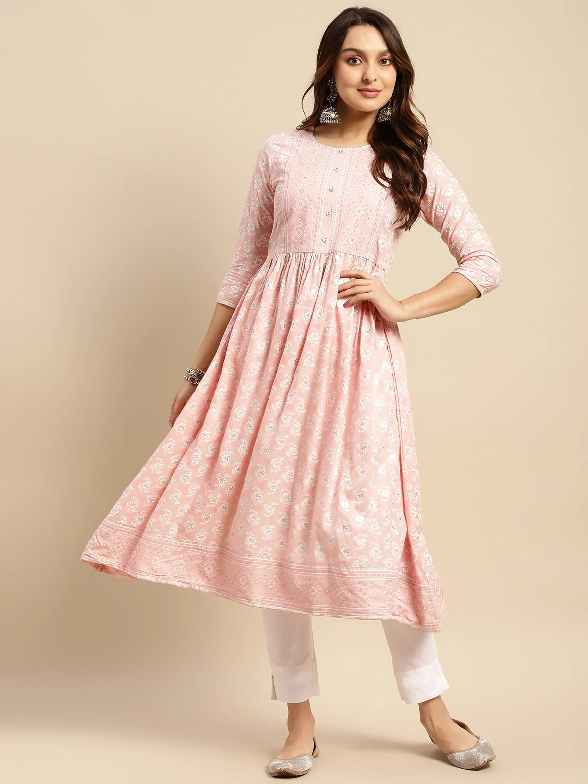 Buy Rayon Printed Calf Length Kurta Gathered At Waist-Peach