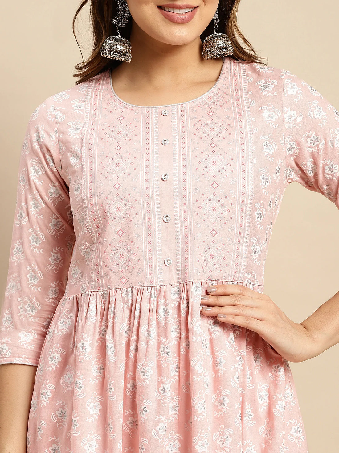 Buy Rayon Printed Calf Length Kurta Gathered At Waist-Peach