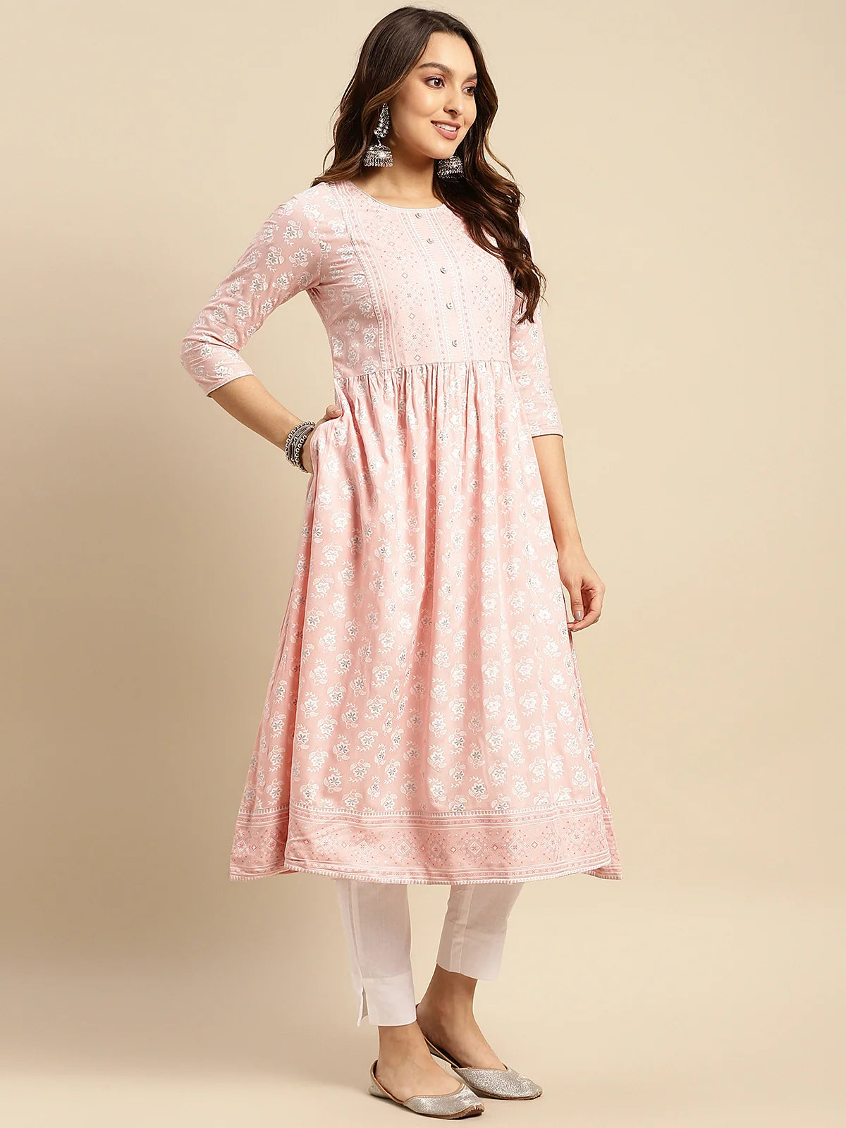 Buy Rayon Printed Calf Length Kurta Gathered At Waist-Peach