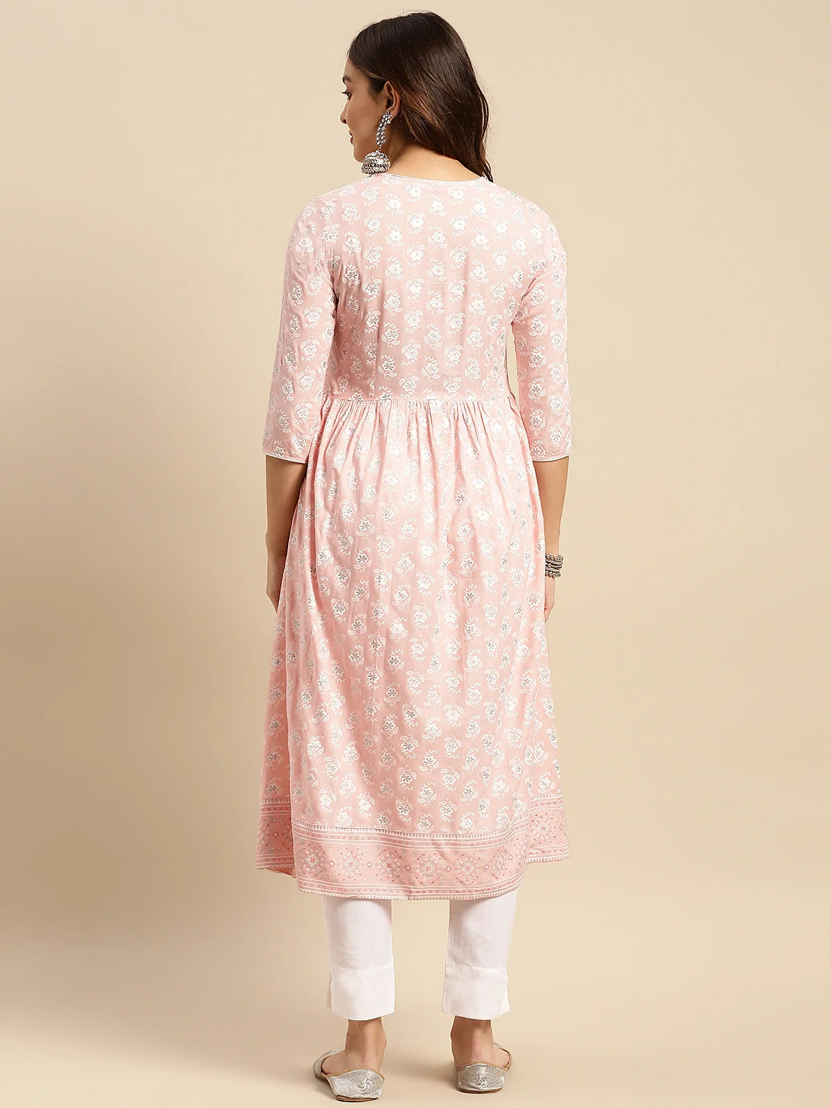 Buy Rayon Printed Calf Length Kurta Gathered At Waist-Peach