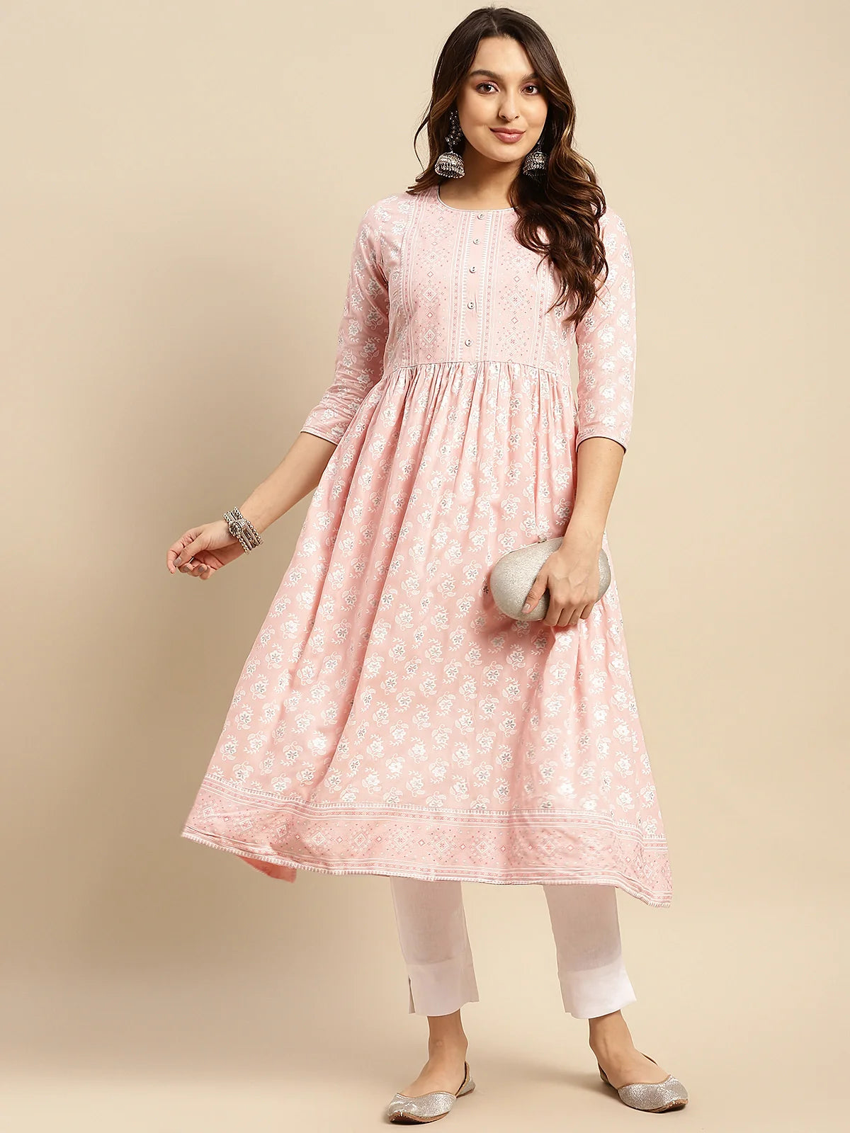 Buy Rayon Printed Calf Length Kurta Gathered At Waist-Peach