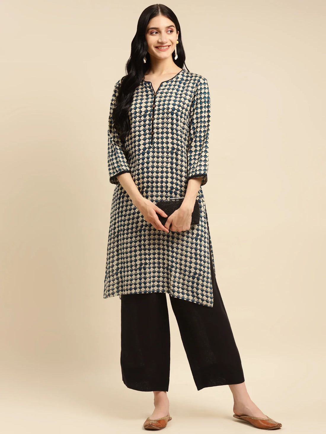 Buy Rayon Bagru Printed Knee Length Straight Kurta-Navy Blue