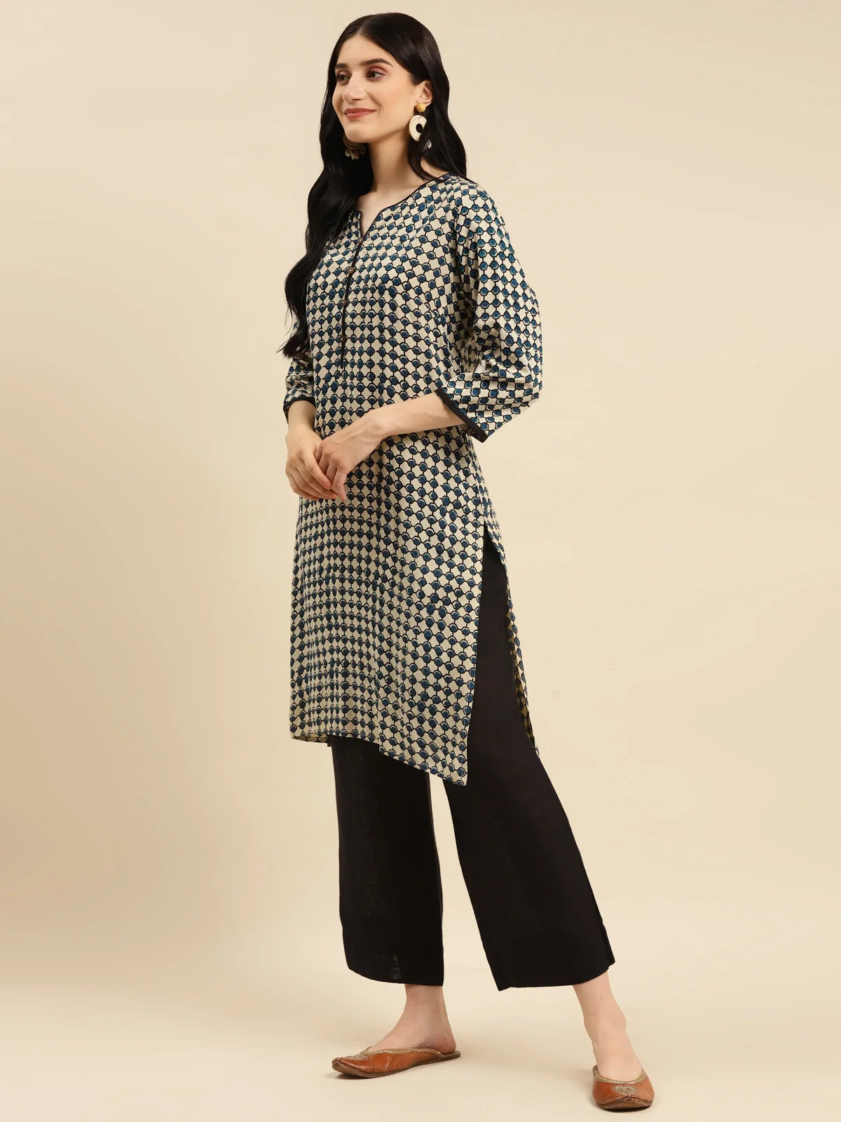 Buy Rayon Bagru Printed Knee Length Straight Kurta-Navy Blue