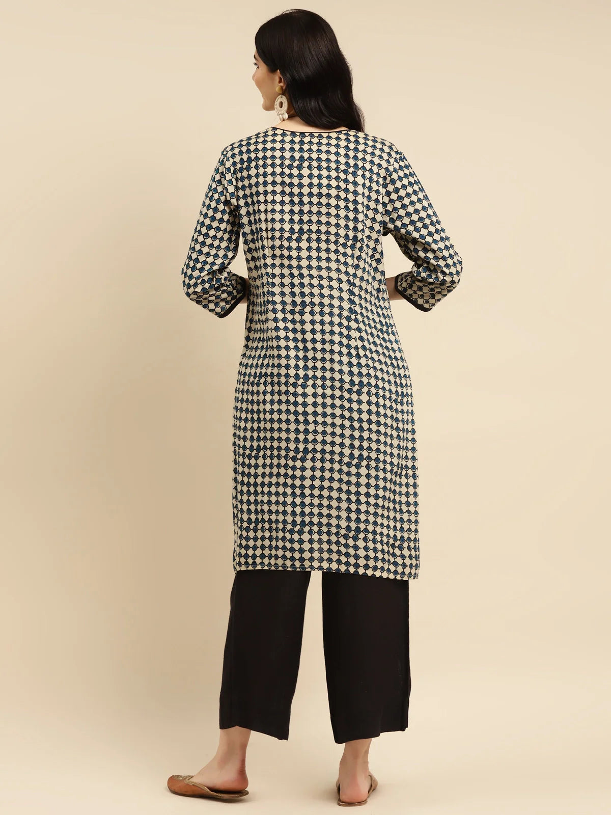 Buy Rayon Bagru Printed Knee Length Straight Kurta-Navy Blue