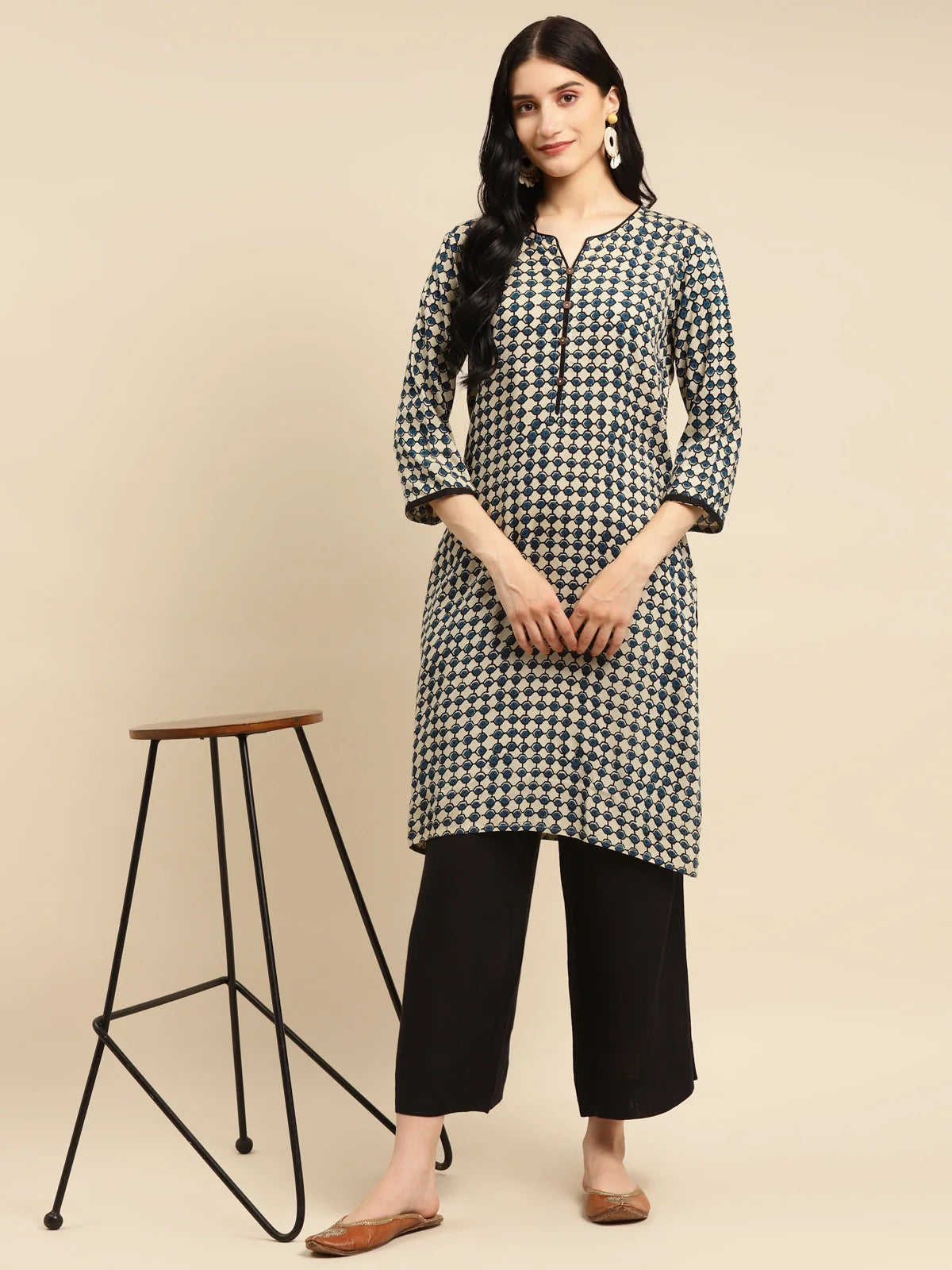 Buy Rayon Bagru Printed Knee Length Straight Kurta-Navy Blue