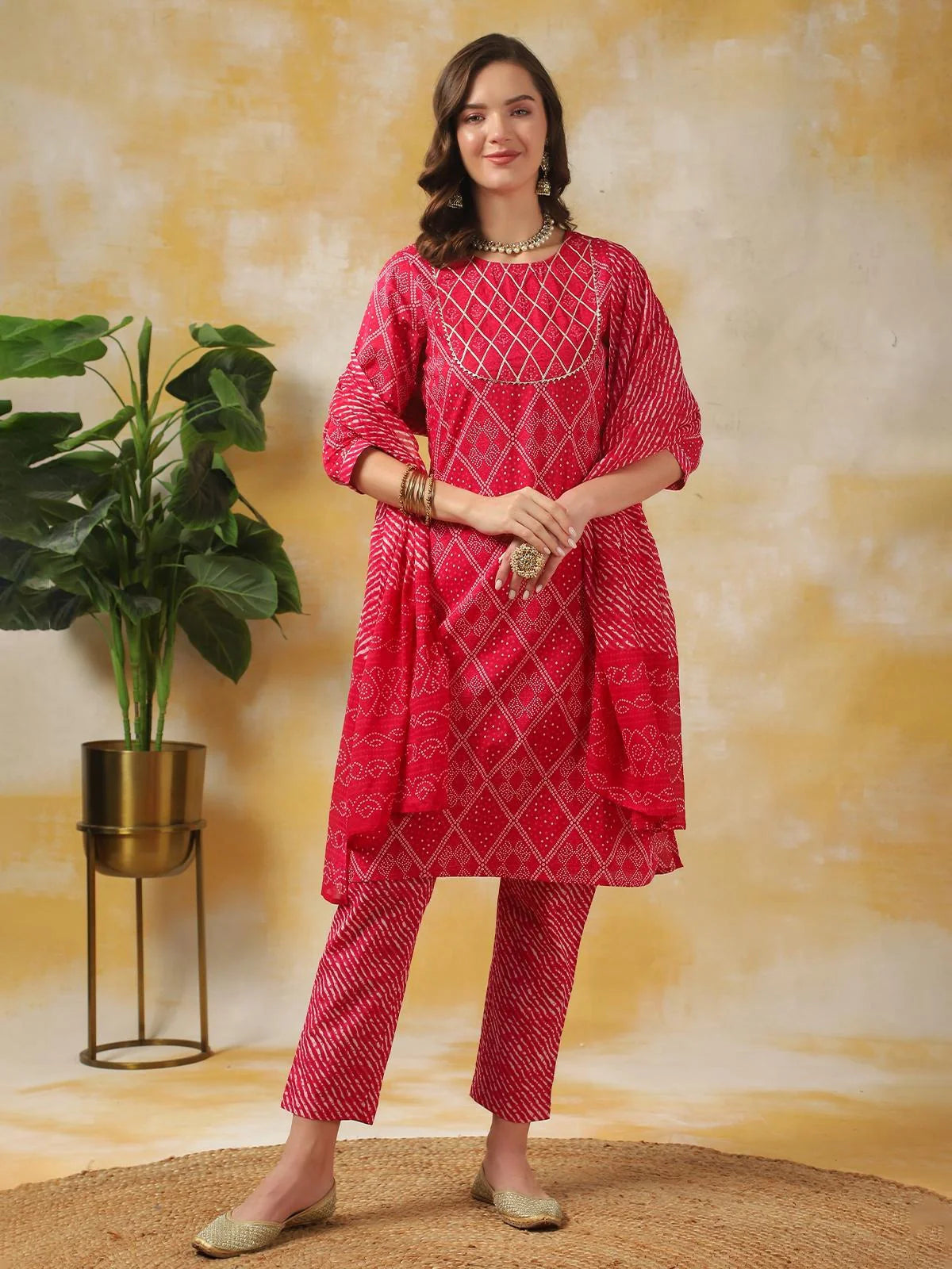 Buy Cotton Leheria Printed Knee Length Straight Kurta With Pant And Dupatta-Pink