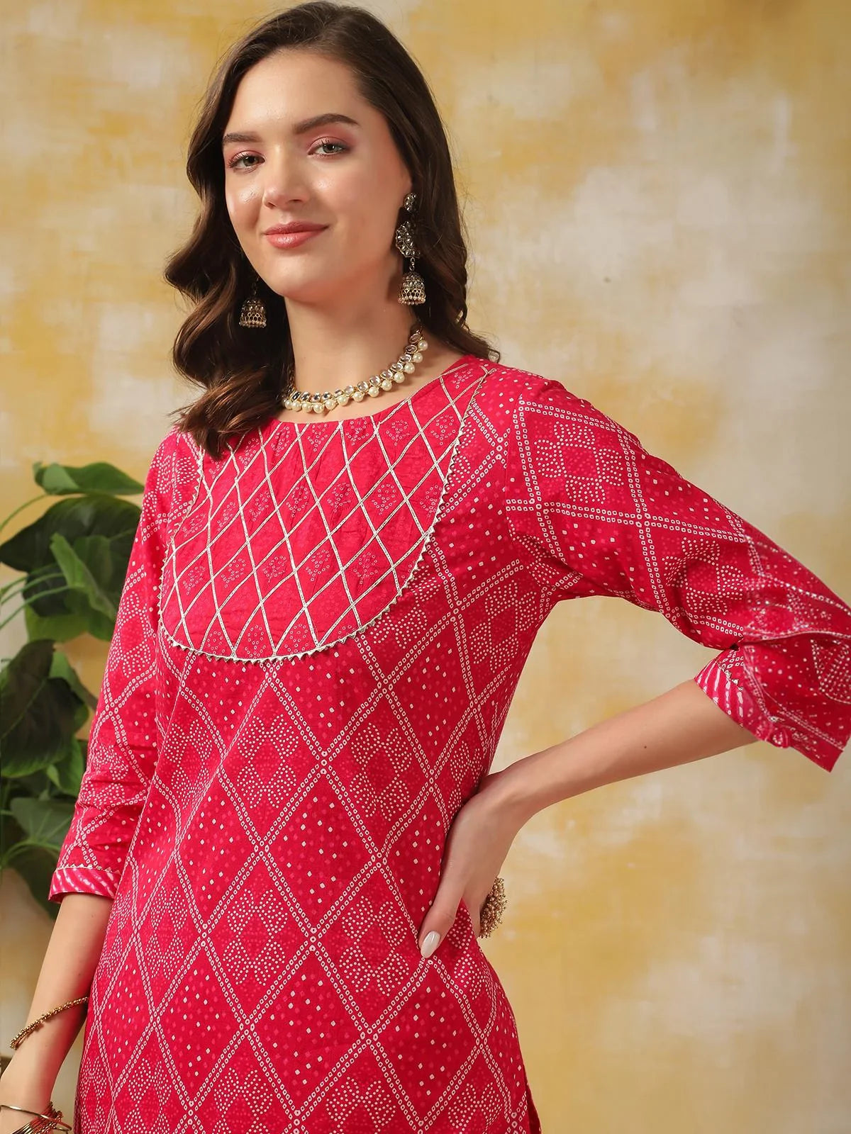 Buy Cotton Leheria Printed Knee Length Straight Kurta With Pant And Dupatta-Pink