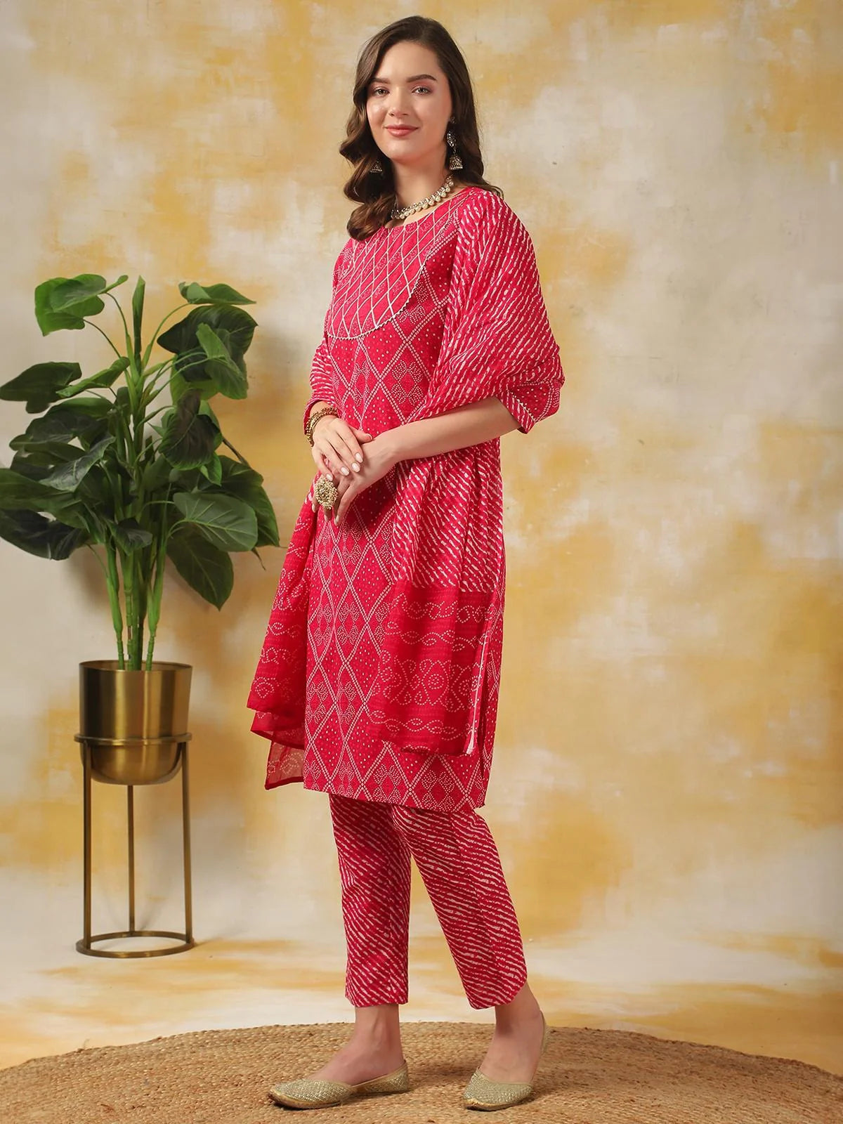 Buy Cotton Leheria Printed Knee Length Straight Kurta With Pant And Dupatta-Pink