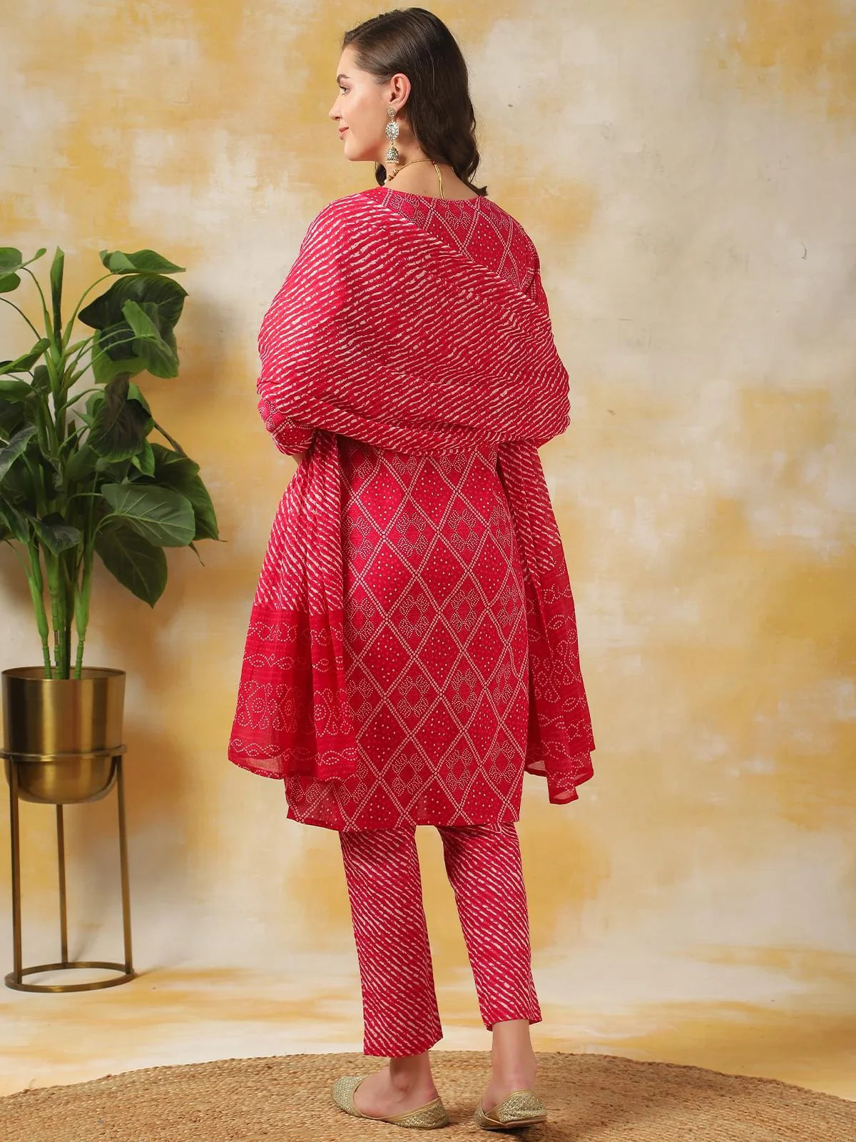 Buy Cotton Leheria Printed Knee Length Straight Kurta With Pant And Dupatta-Pink