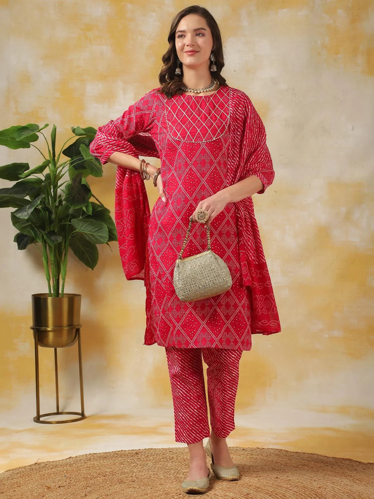 Buy Cotton Leheria Printed Knee Length Straight Kurta With Pant And Dupatta-Pink