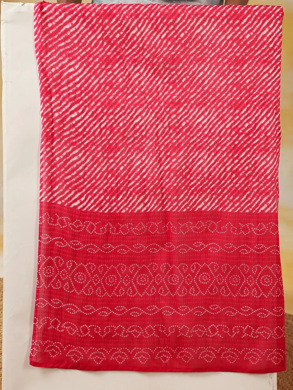 Buy Cotton Leheria Printed Knee Length Straight Kurta With Pant And Dupatta-Pink