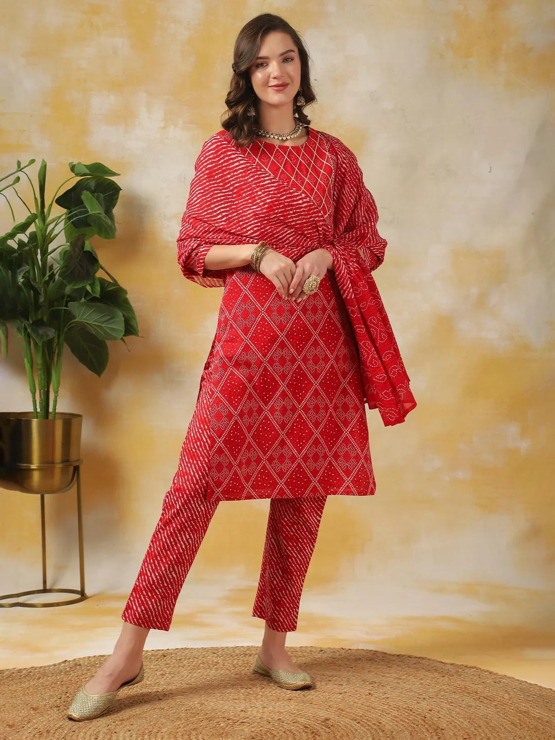 Buy Cotton Leheria Printed Knee Length Straight Kurta With Pant And Dupatta-Red