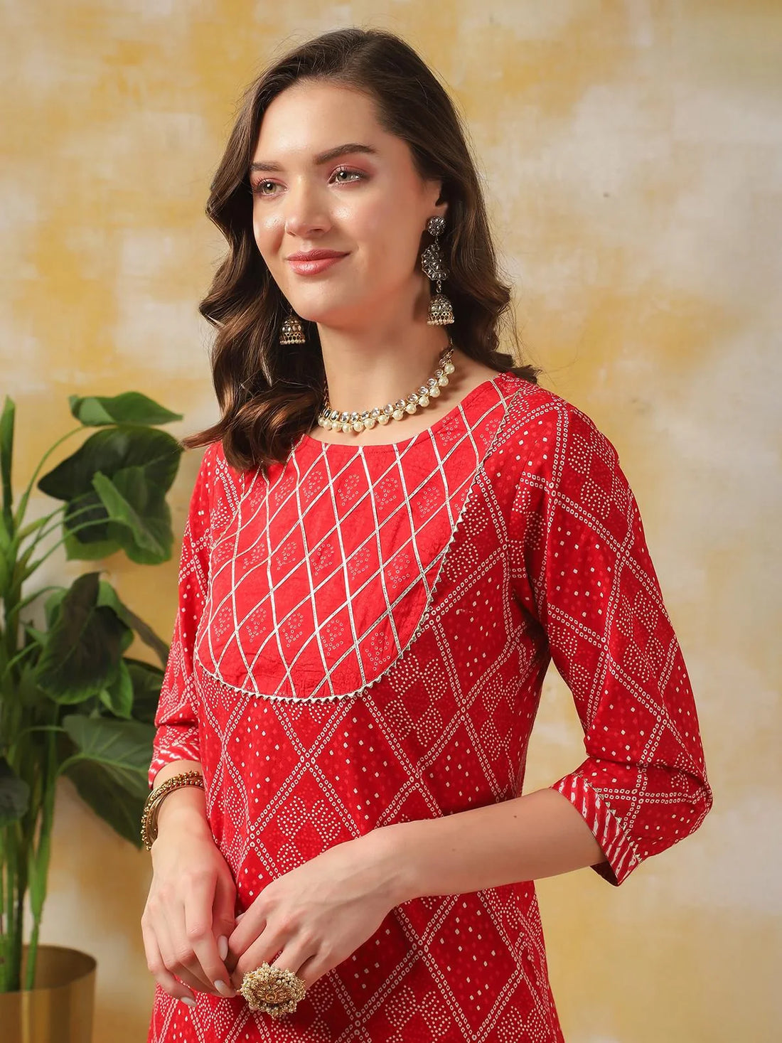 Buy Cotton Leheria Printed Knee Length Straight Kurta With Pant And Dupatta-Red