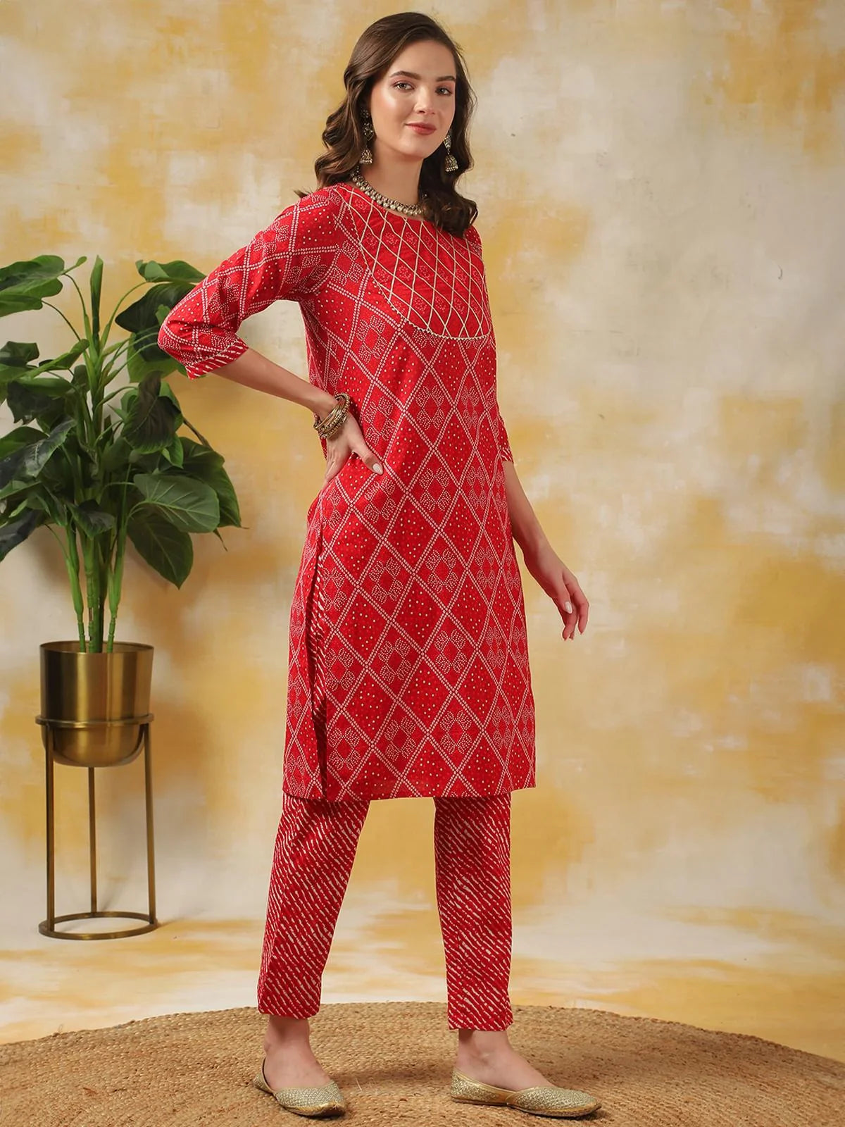 Buy Cotton Leheria Printed Knee Length Straight Kurta With Pant And Dupatta-Red