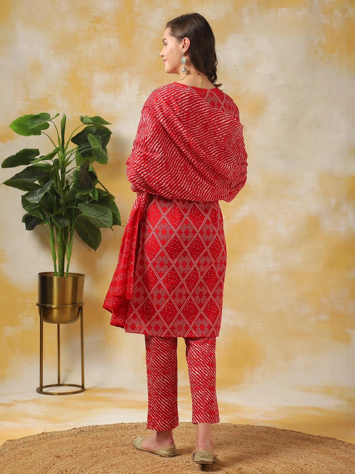 Buy Cotton Leheria Printed Knee Length Straight Kurta With Pant And Dupatta-Red