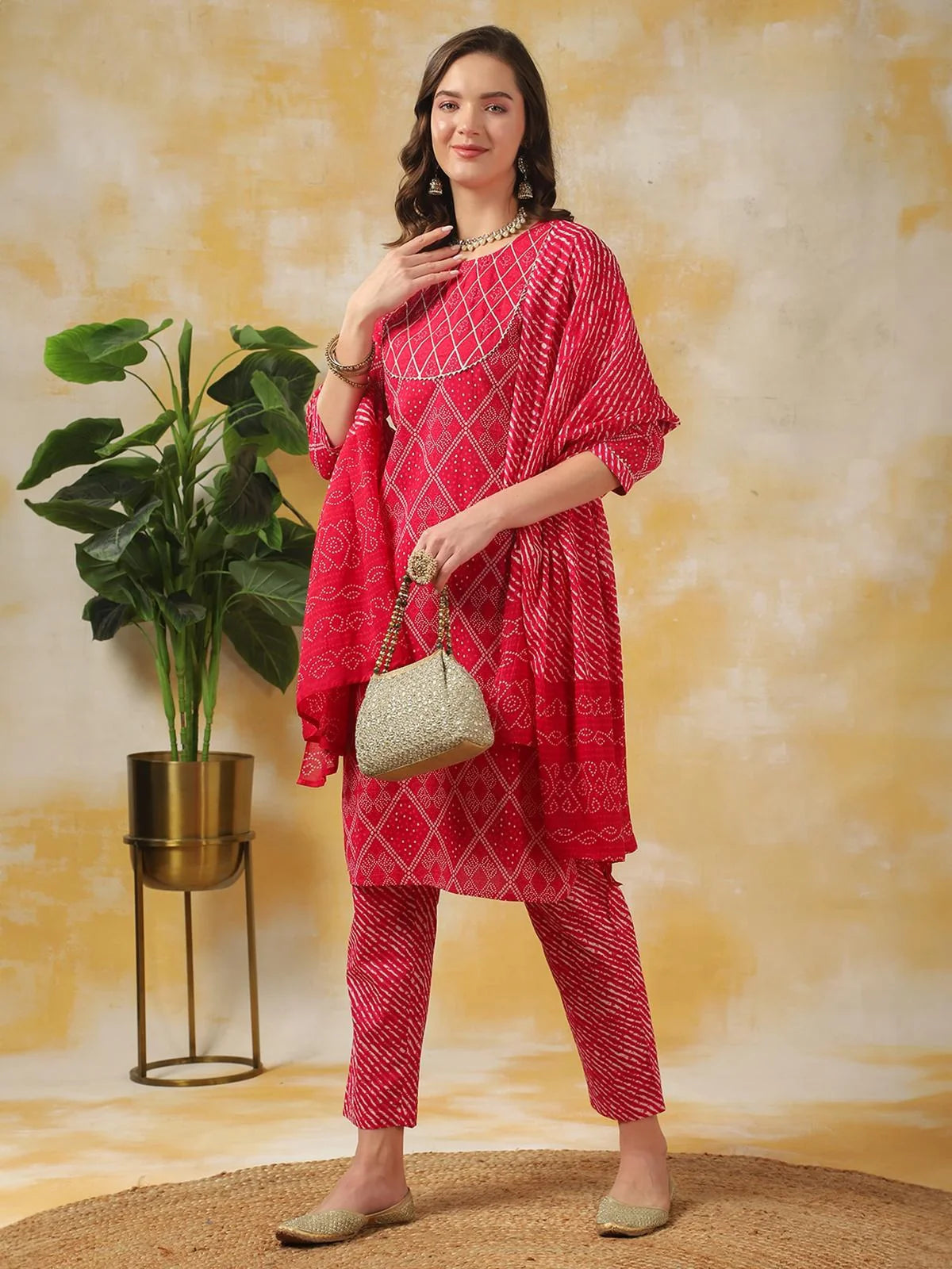 Buy Cotton Leheria Printed Knee Length Straight Kurta With Pant And Dupatta-Red