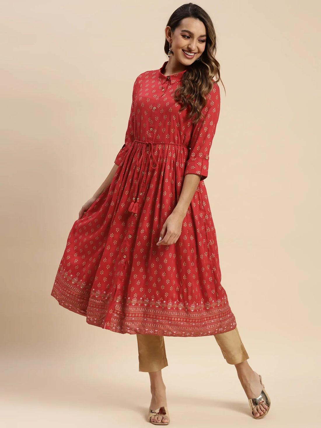 Buy Rayon All Over Ethnic Printed Calf Length Flared Kurta With Dori Tie Up-Red