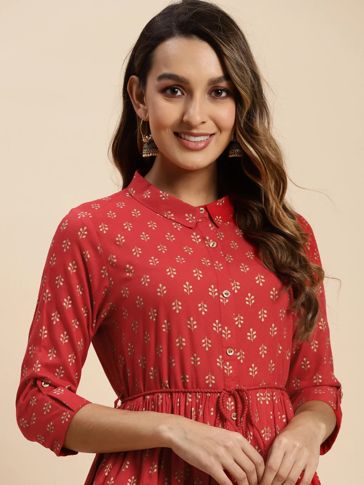 Buy Rayon All Over Ethnic Printed Calf Length Flared Kurta With Dori Tie Up-Red