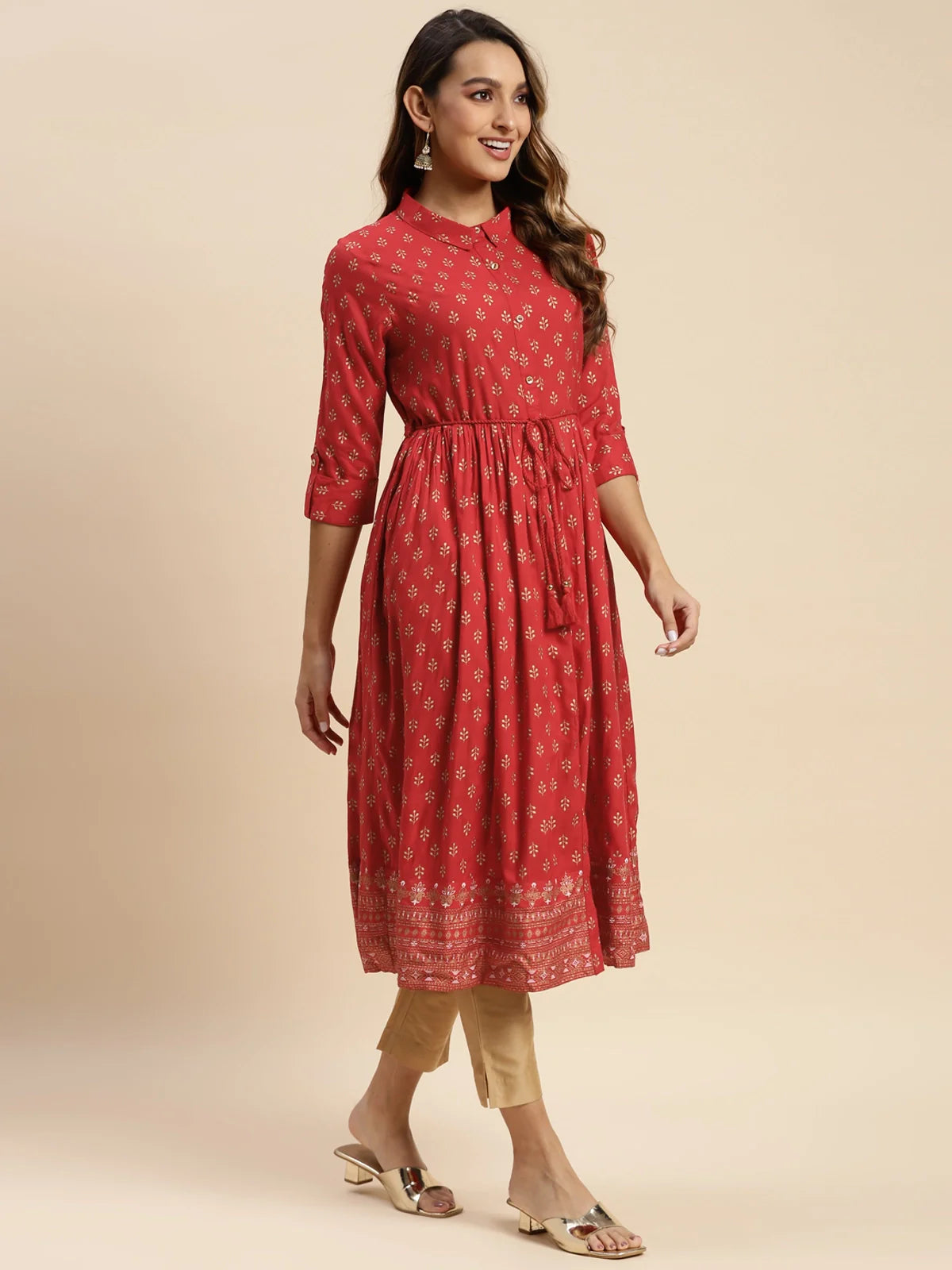 Buy Rayon All Over Ethnic Printed Calf Length Flared Kurta With Dori Tie Up-Red