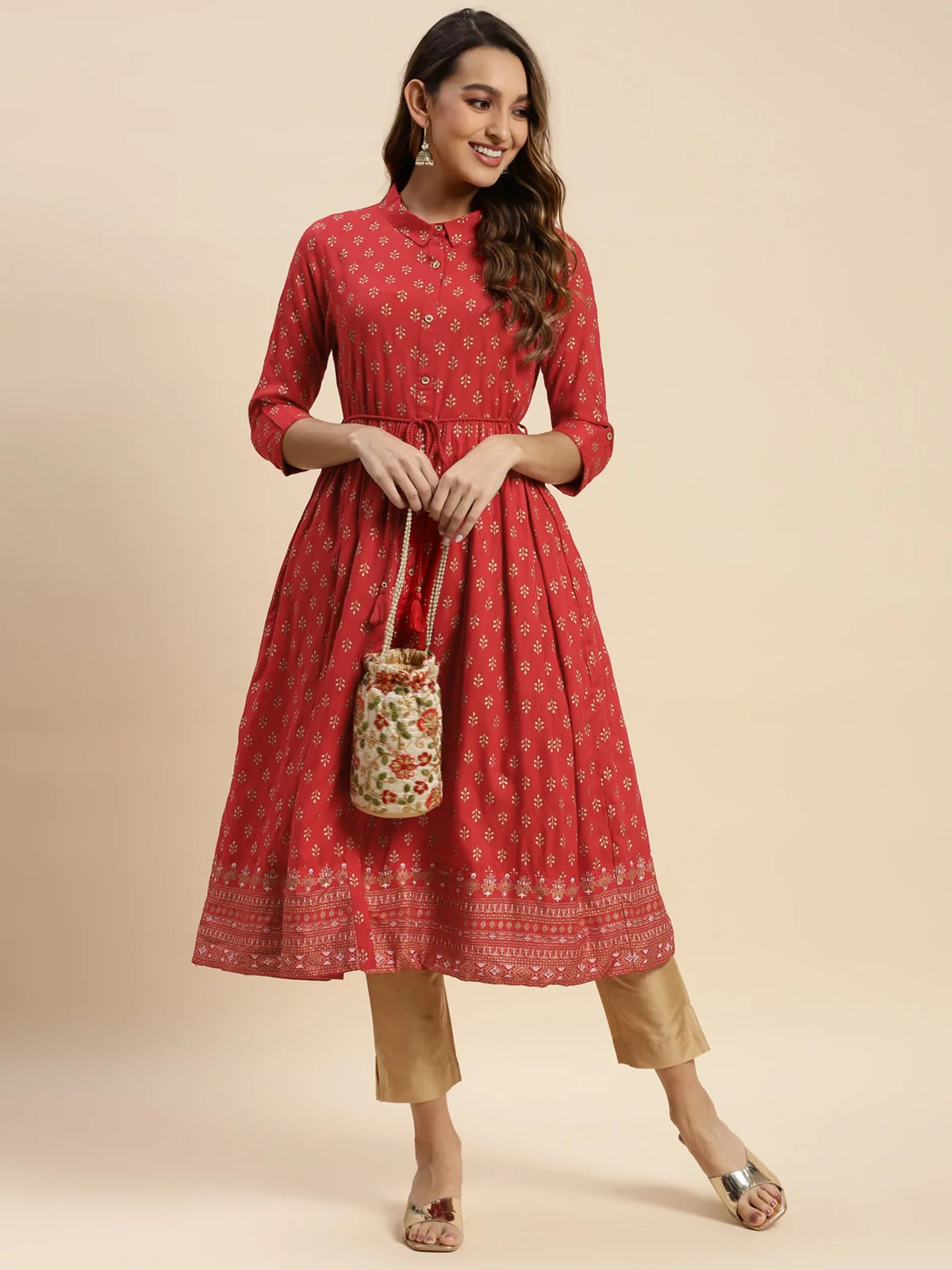 Buy Rayon All Over Ethnic Printed Calf Length Flared Kurta With Dori Tie Up-Red