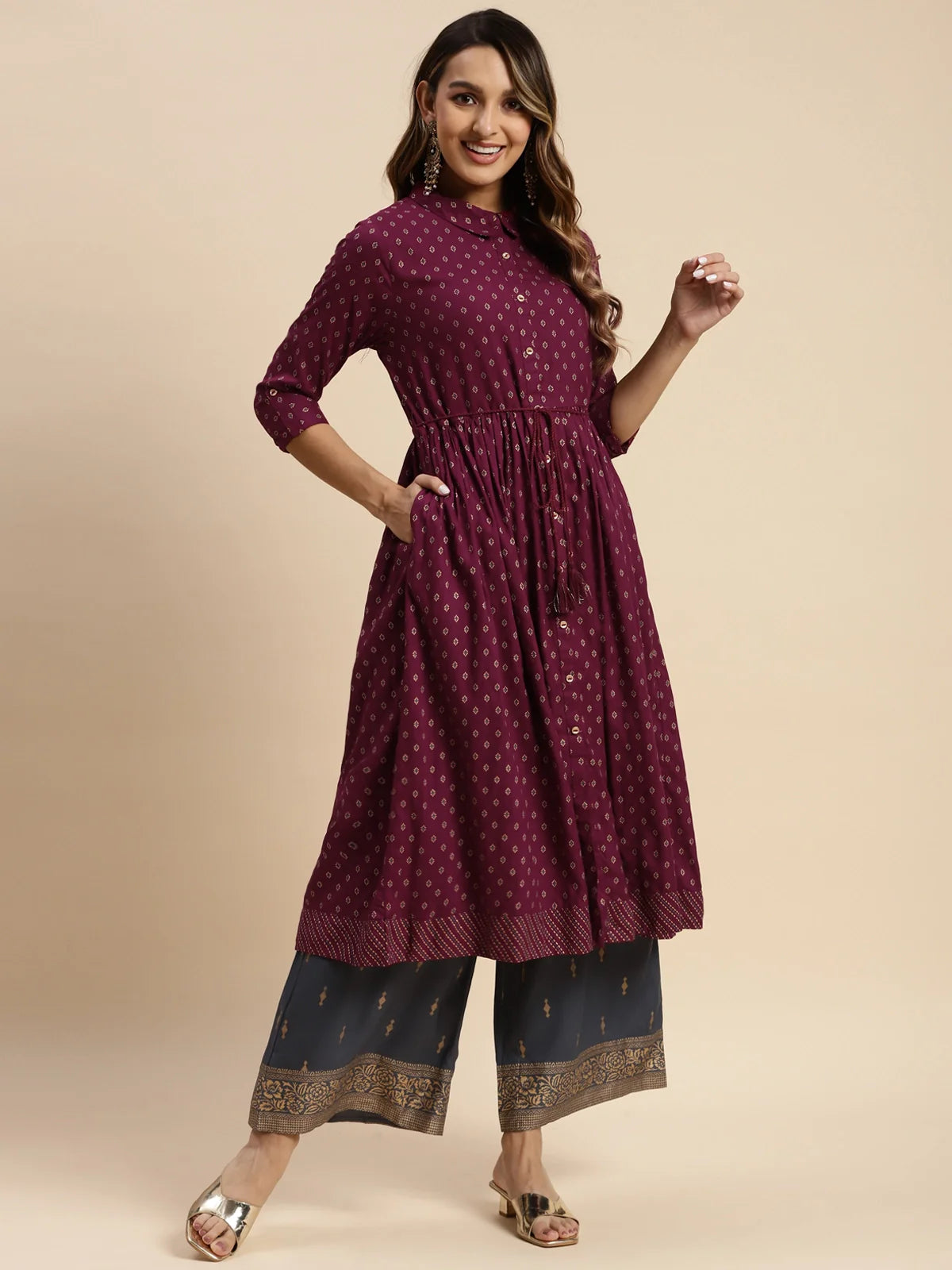 Buy Rayon All Over Ethnic Printed Calf Length Flared Kurta With Dori Tie Up-Wine