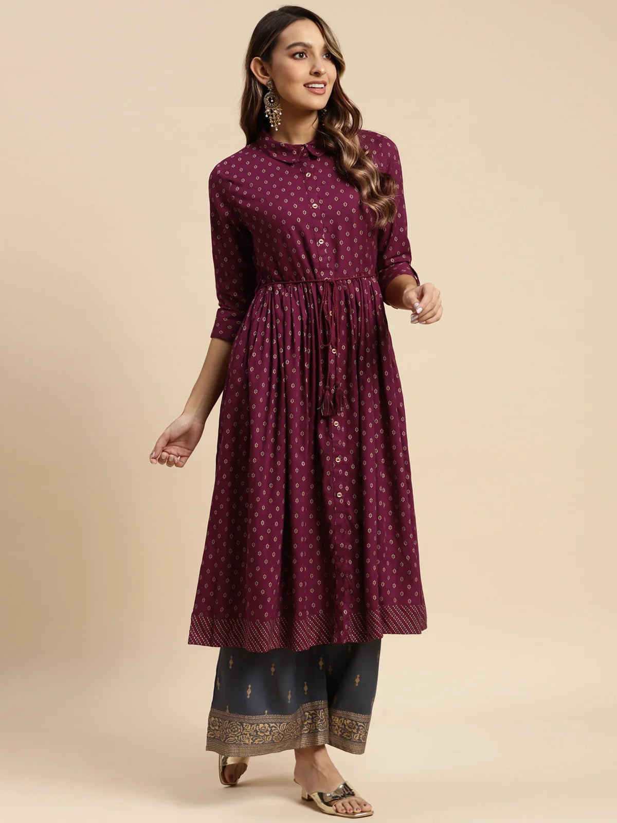 Buy Rayon All Over Ethnic Printed Calf Length Flared Kurta With Dori Tie Up-Wine