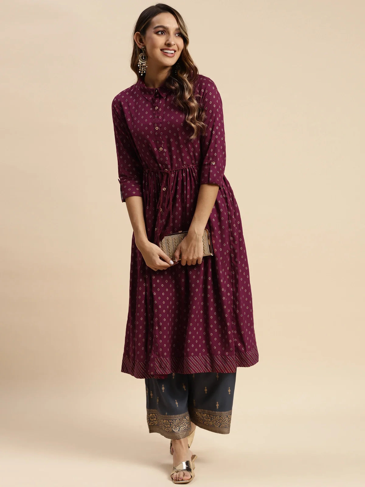 Buy Rayon All Over Ethnic Printed Calf Length Flared Kurta With Dori Tie Up-Wine