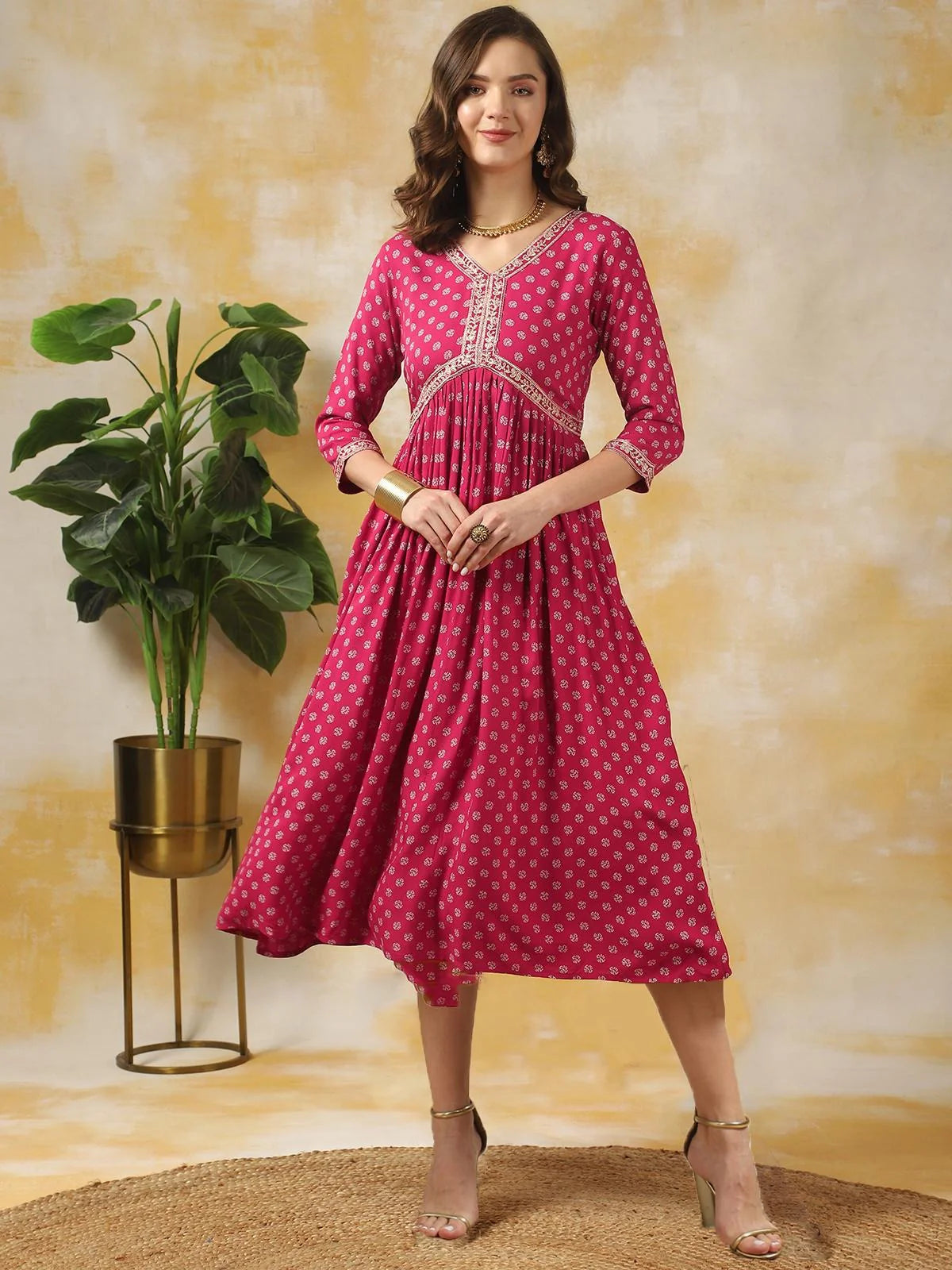 Buy Rayon Printed A-line Calf Length Ethnic Dress-Magenta