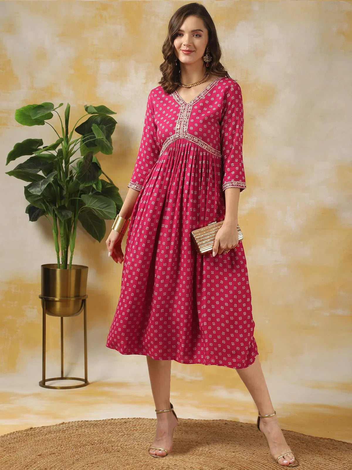 Buy Rayon Printed A-line Calf Length Ethnic Dress-Magenta