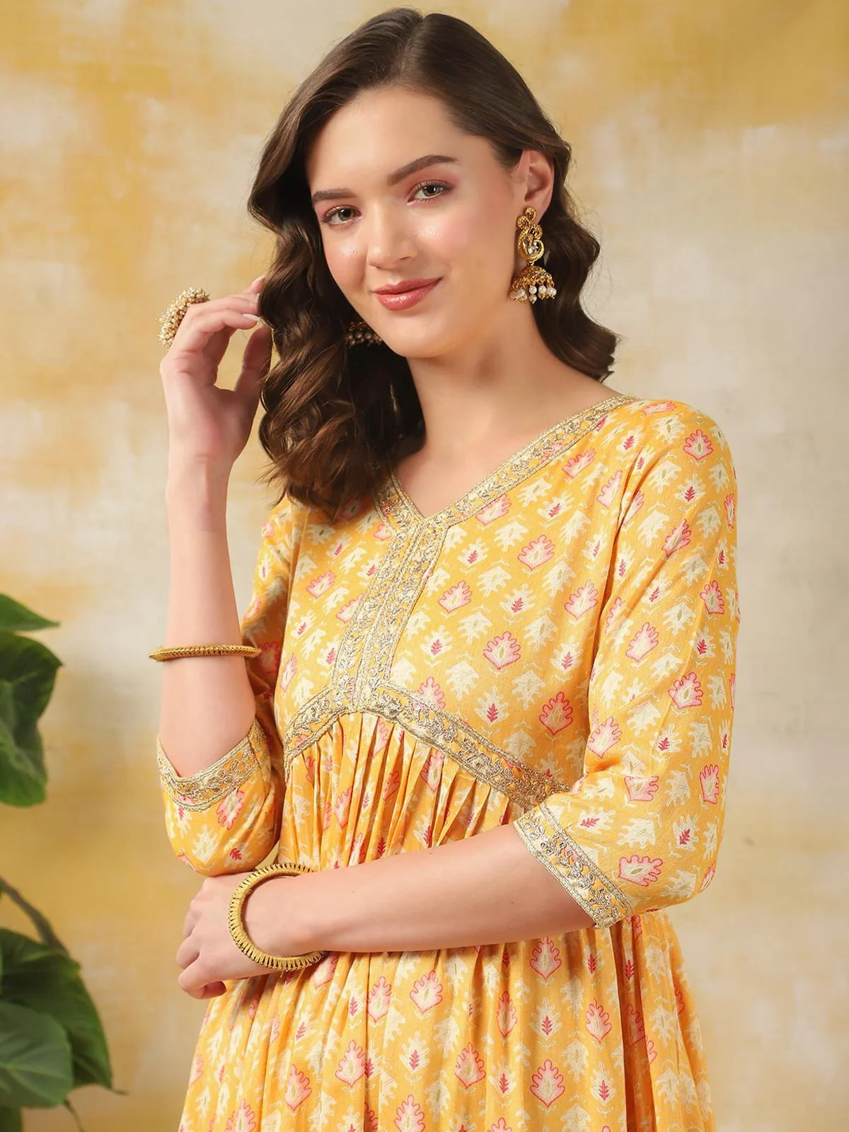 Buy Rayon Printed A-line Calf Length Ethnic Dress-Yellow