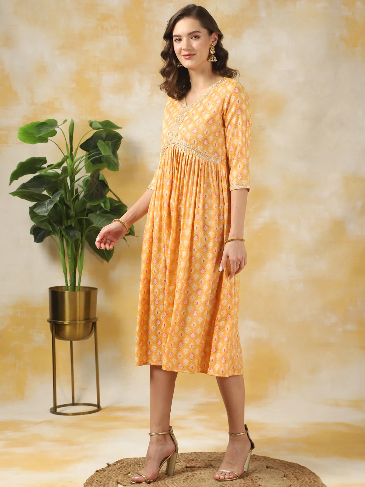 Buy Rayon Printed A-line Calf Length Ethnic Dress-Yellow