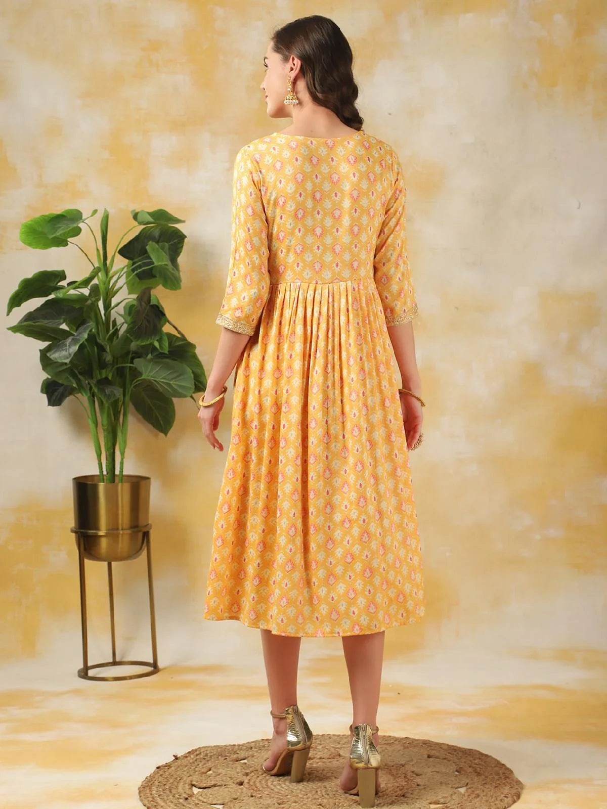 Buy Rayon Printed A-line Calf Length Ethnic Dress-Yellow