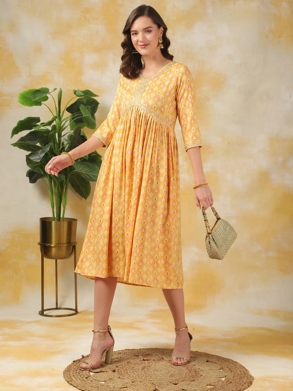 Buy Rayon Printed A-line Calf Length Ethnic Dress-Yellow