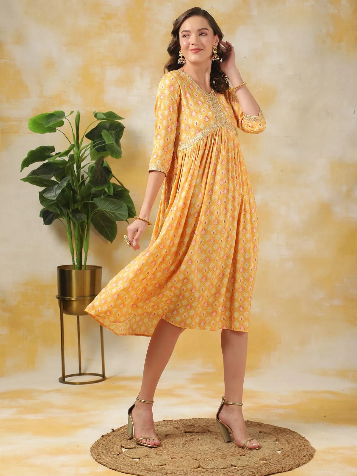 Buy Rayon Printed A-line Calf Length Ethnic Dress-Yellow