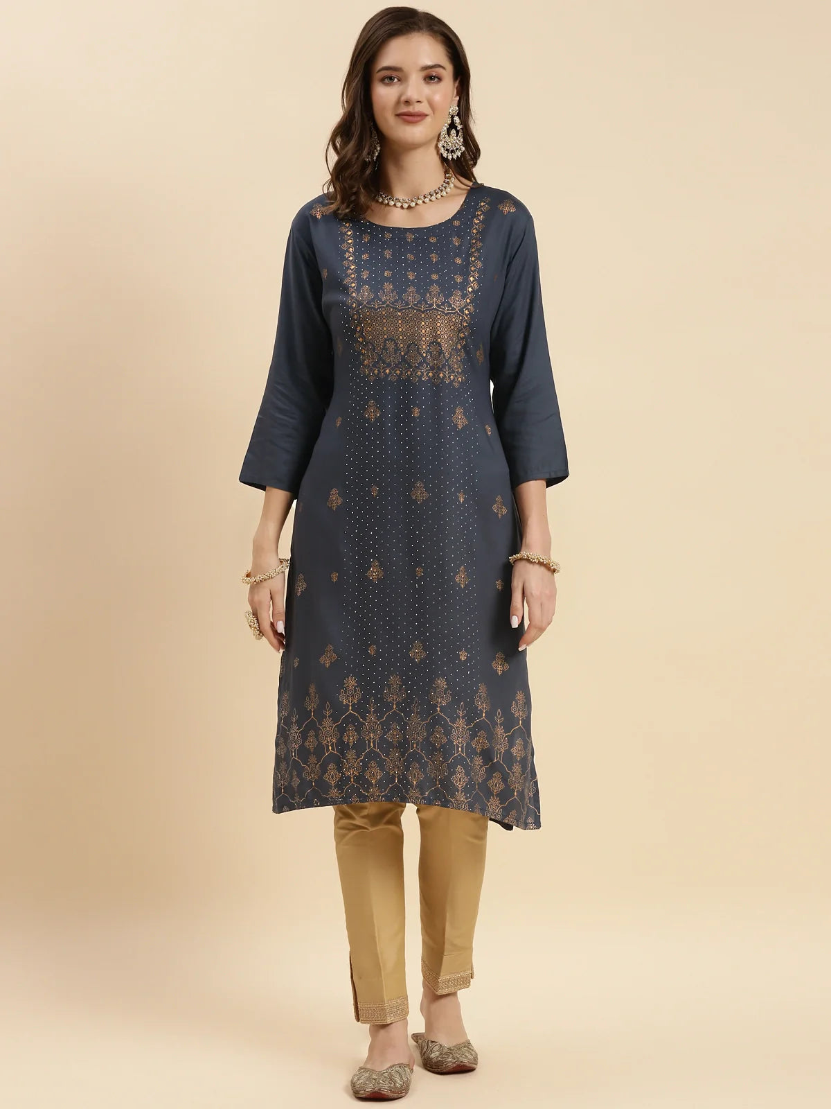 Buy Rayon Embroidered Calf Length Straight Kurta-Grey