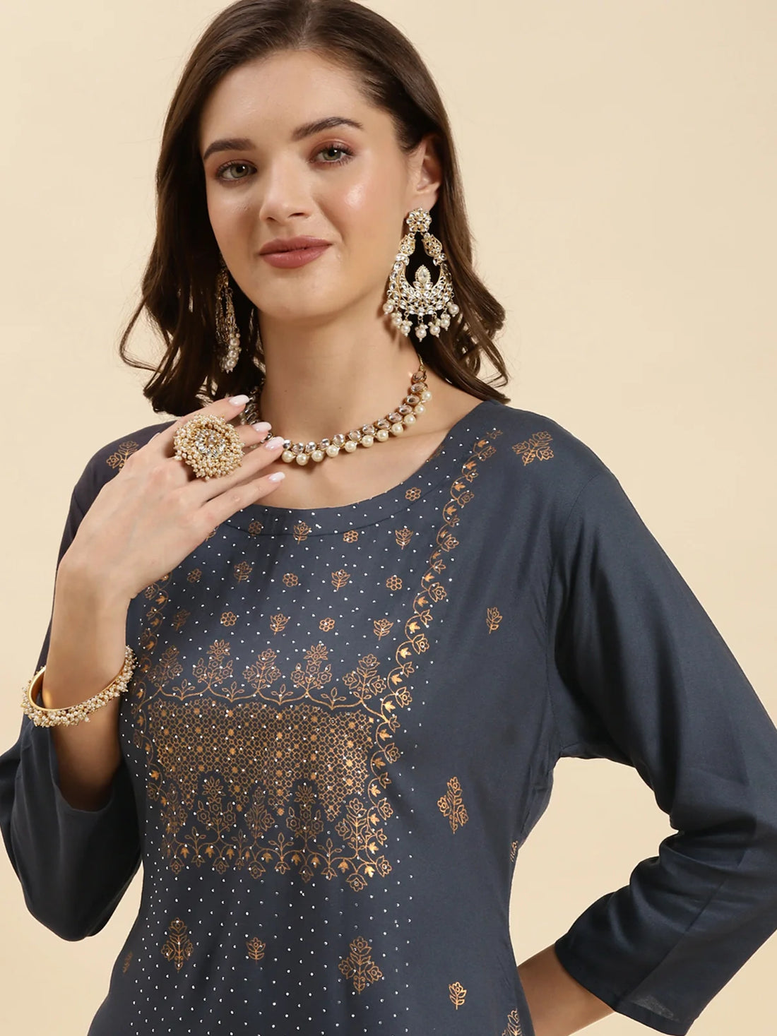 Buy Rayon Embroidered Calf Length Straight Kurta-Grey