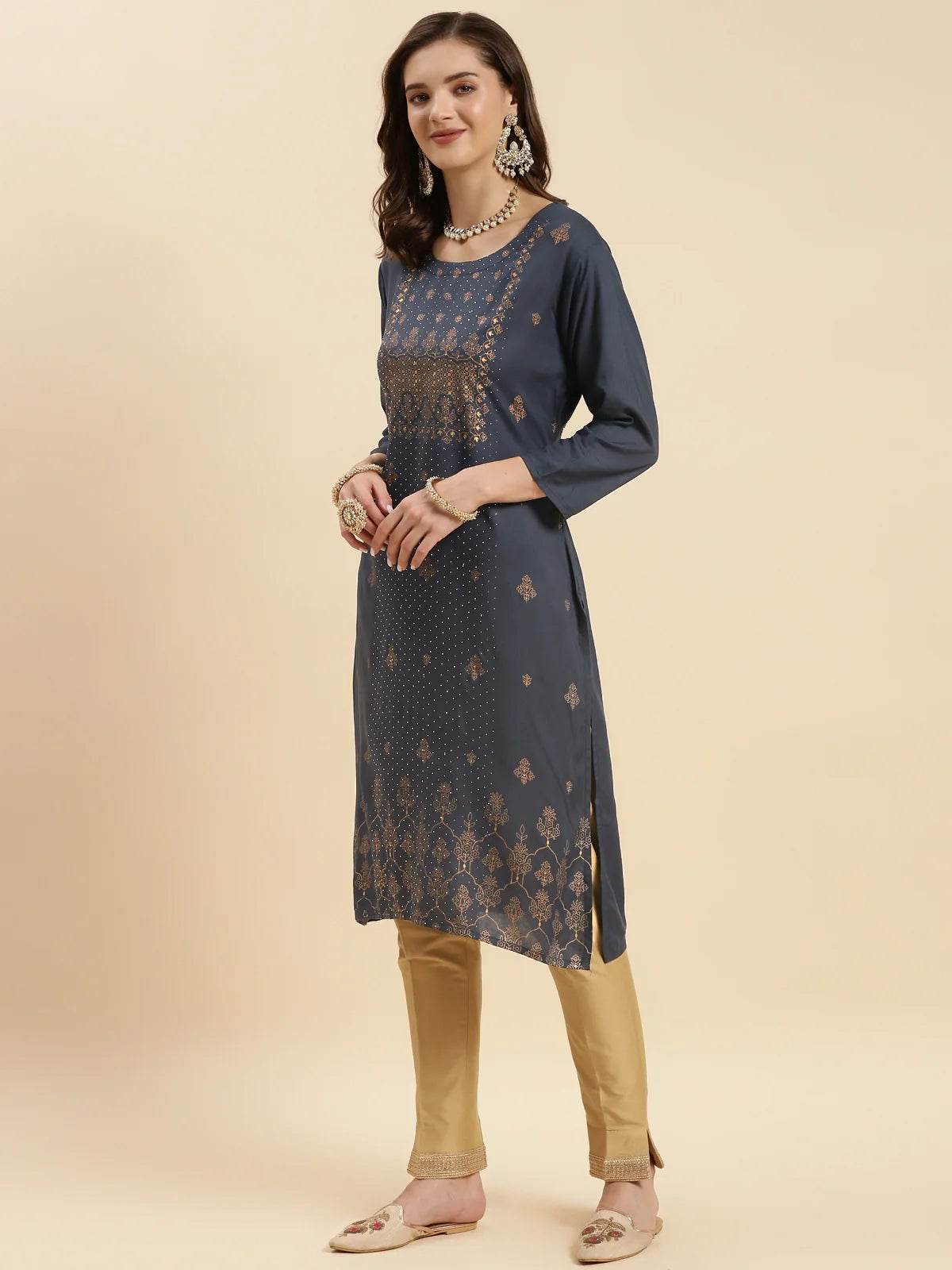 Buy Rayon Embroidered Calf Length Straight Kurta-Grey